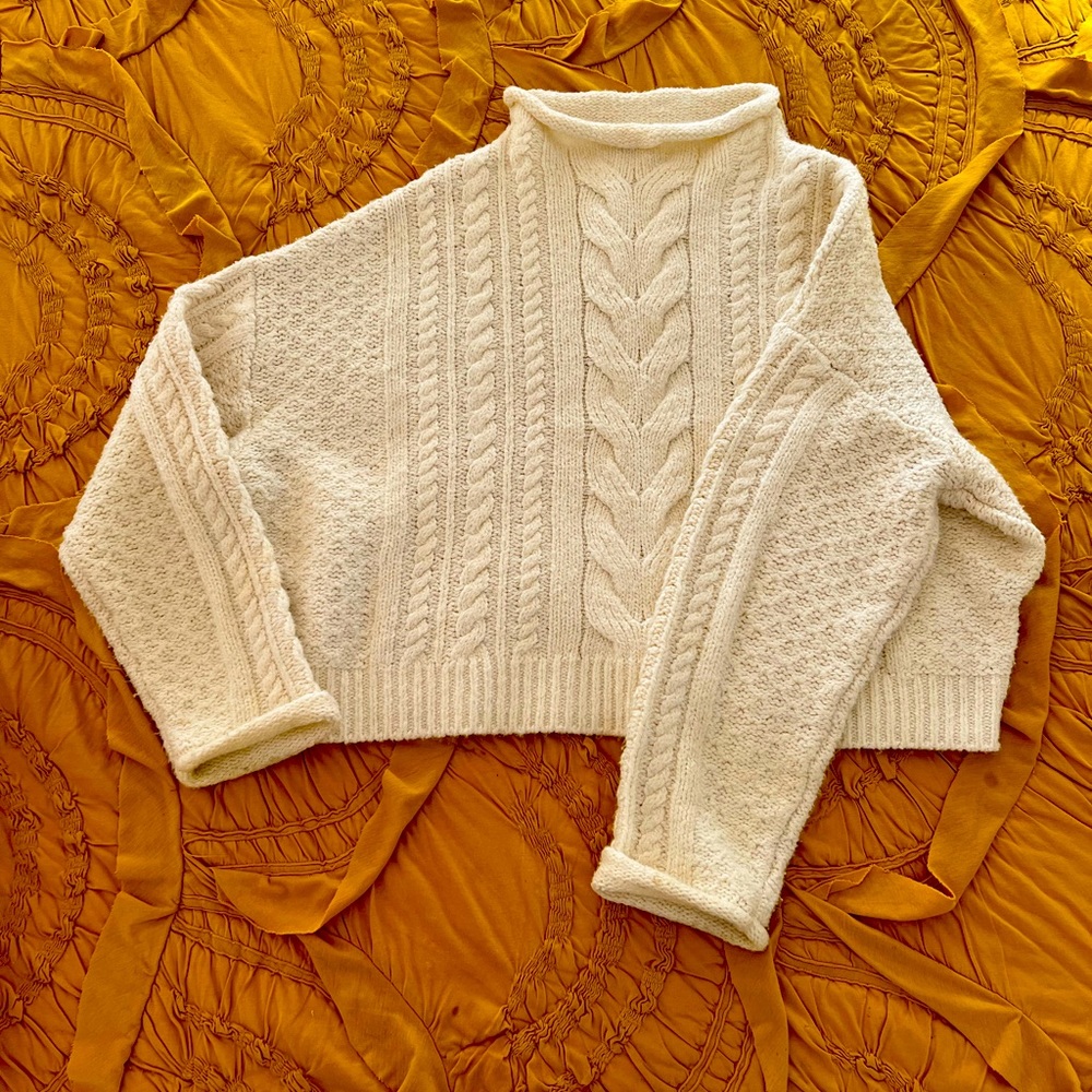 Anthropologie mock neck cable knit sweater ivory